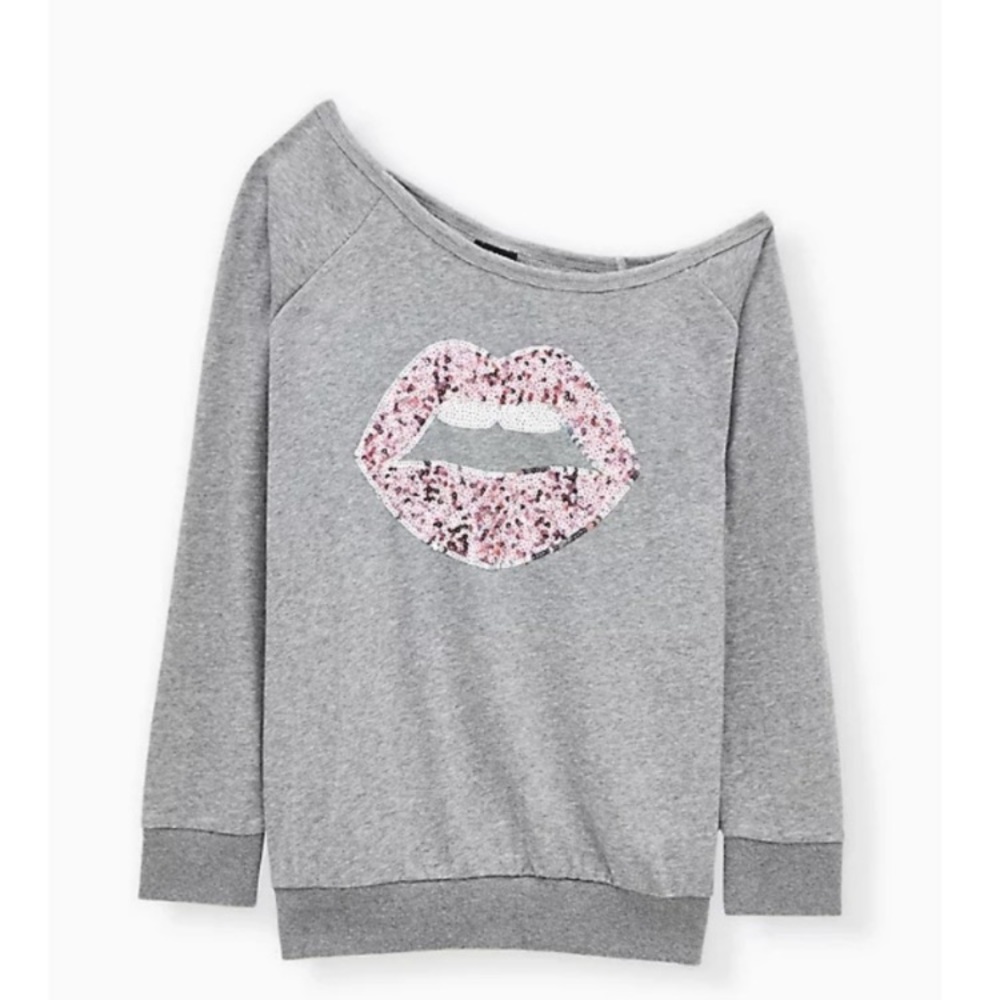 EUC Torrid sequin lips off the shoulder sweatshirt.  Size 2.
